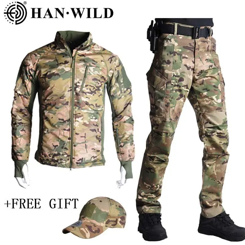 Tactical Military Jacket Men Softshell Camouflage Waterproof Jacket+Pants Camping Hiking Hunting Sport Suit