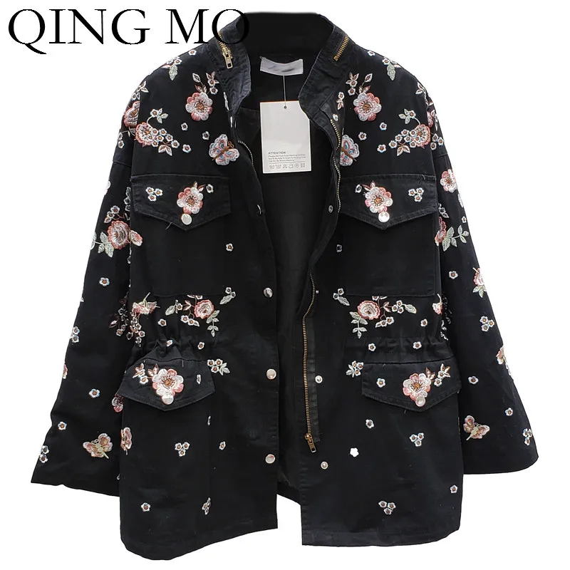 Женское пальто с цветочной вышивкой QING MO черное или зеленое кулиской на весну и