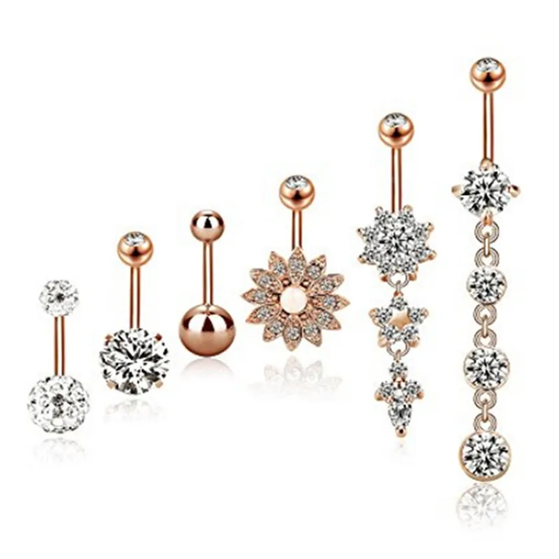 

New 6Pcs/Set Crystal Stainless Steel Earrings Ear Nail Belly Button Rings Navel Piercing Dangle Round Jewelry Wholesale
