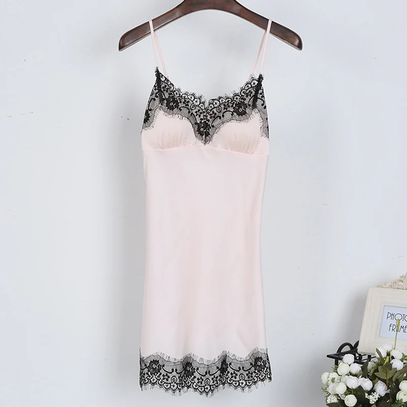 

Summer halter belt sleeping skirt boob sexy imitation silk woman V collar lace edge homewear silk skirt casual homewear