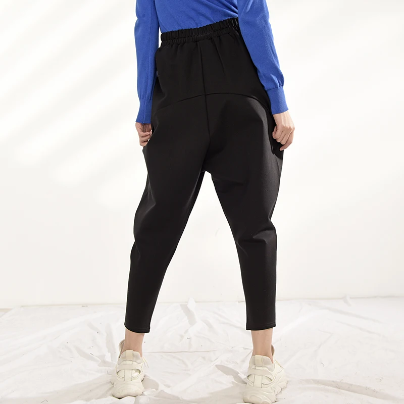 

[EAM] High Elastic Waist Black Shaped Harem Long Trousers New Loose Fit Pants Women Fashion Tide Spring Autumn 2021 JY91601