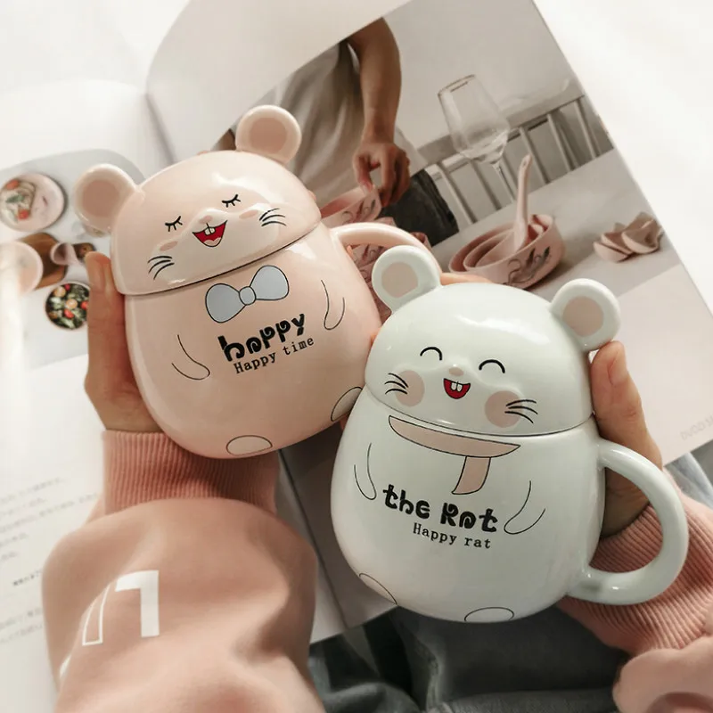 

3D Cartoon Ceramic Coffee Mug with Lid Spoon Creative Nordic Cute Pink Milk Mug Esspresso Cups Couple Tazas Drinkware DA60MKB