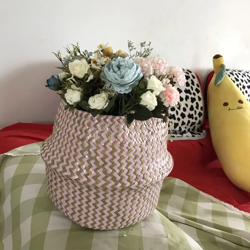 

Seagrass Wickerwork Basket Rattan Hanging Flower Pot Handmade Laundry Basket Container Toy Holder Living Room Home Decoration