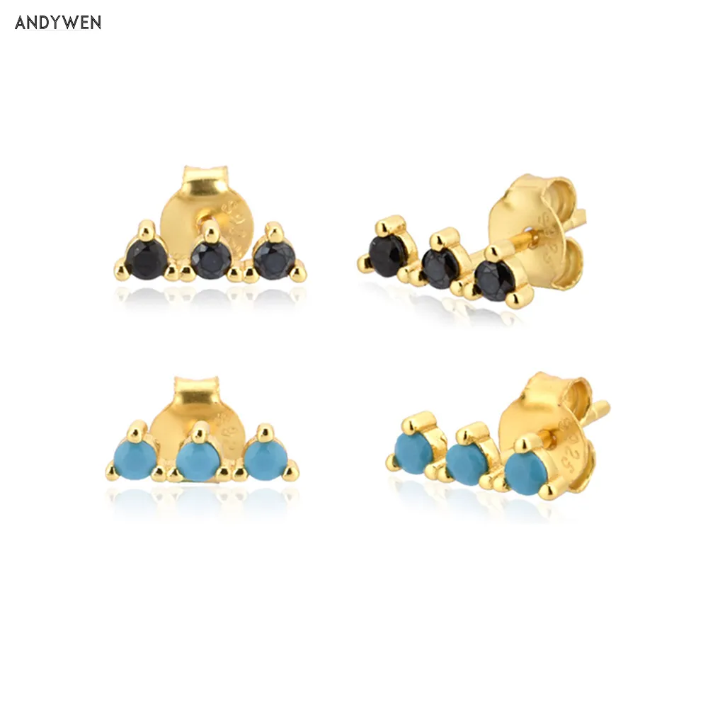 

ANDYWEN 925 Sterling Silver Gold Black Three Line Zircon Stud Earring 2020 Rock Punk Fine Jewelry For Party Piercings