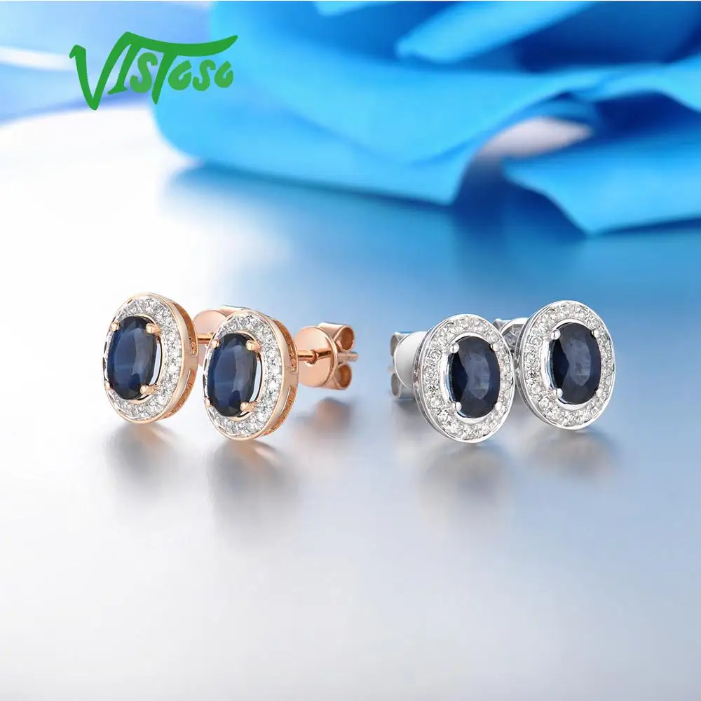 VISTOSO Pure 14K 585 роза/серьги из Белого Золота Шпилька для женщин Элегантный синий сапфир сверкающие бриллианты уникальные модные ювелирные изделия
