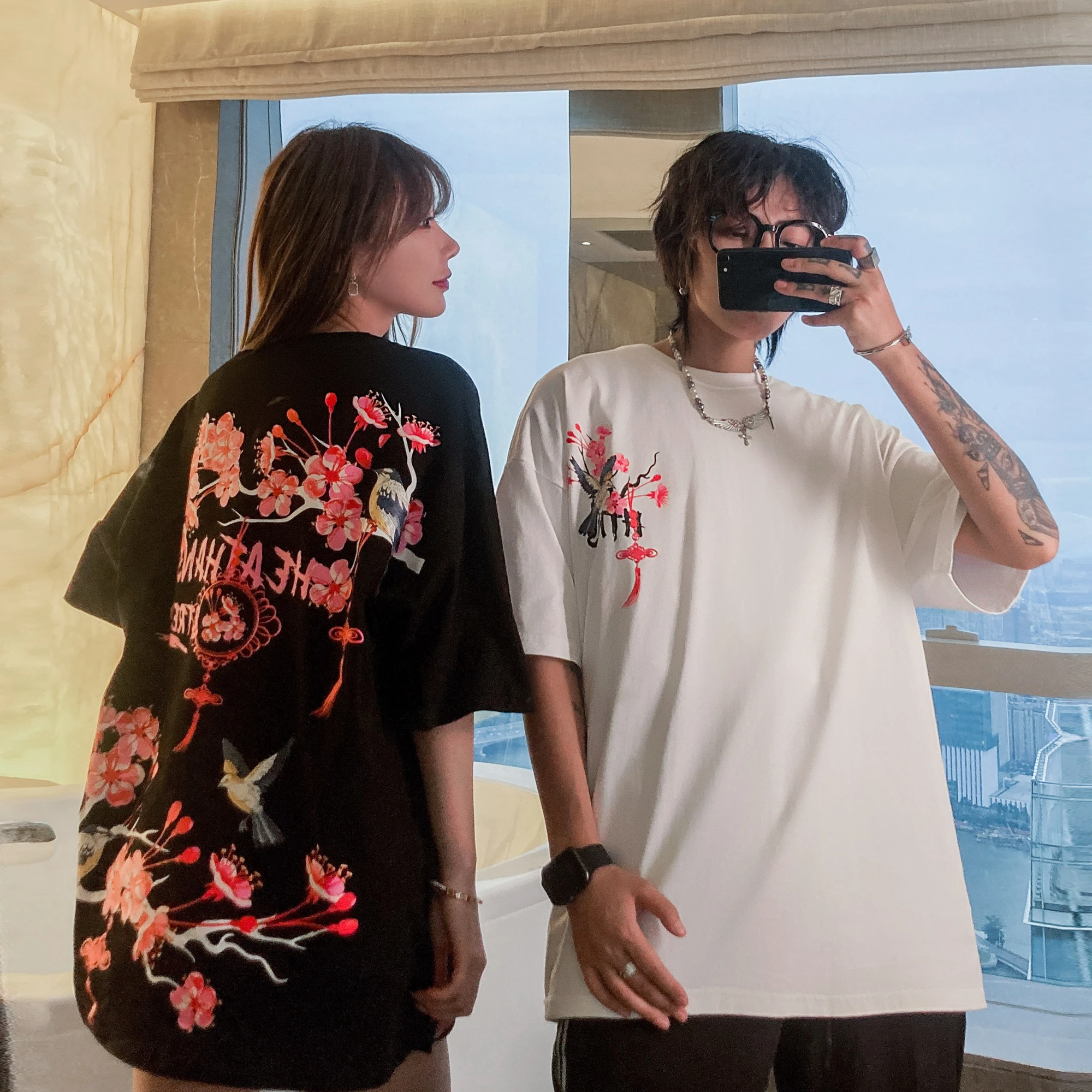 

Harajuku T-shirt Oversized Men's Tshirt Couple Top Streetwear Japanese Style Printed Floral Hip Hop Round Neck Short Sleeve NEW