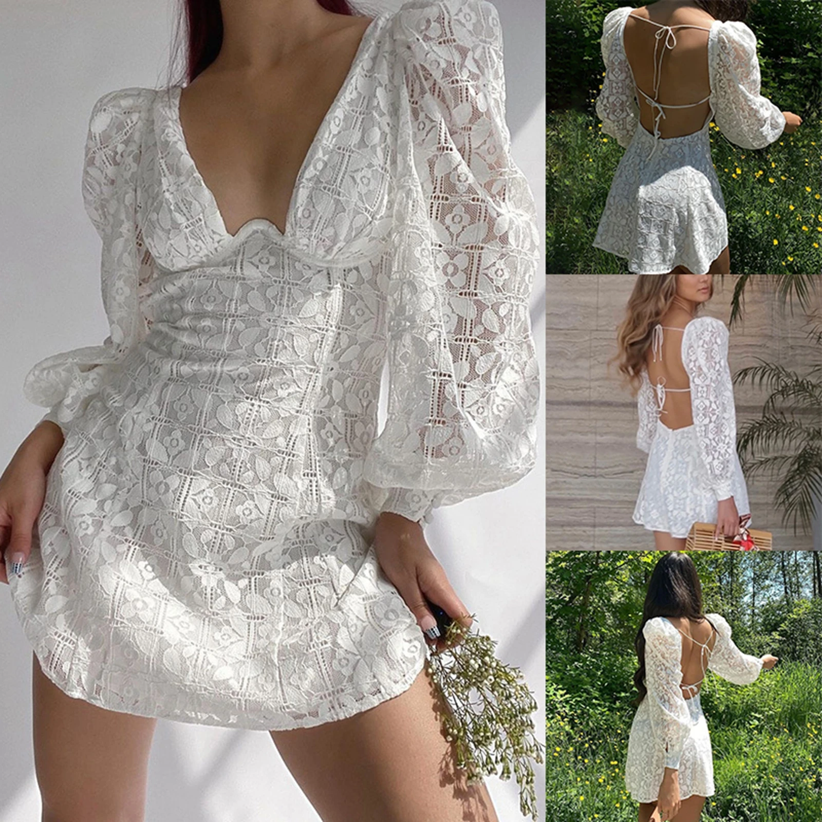 

Elegant Women Lace Floral Long Lantern Sleeve Dress Beach Party Clubwear 2021 Deep V-neck Backless White Color Dress