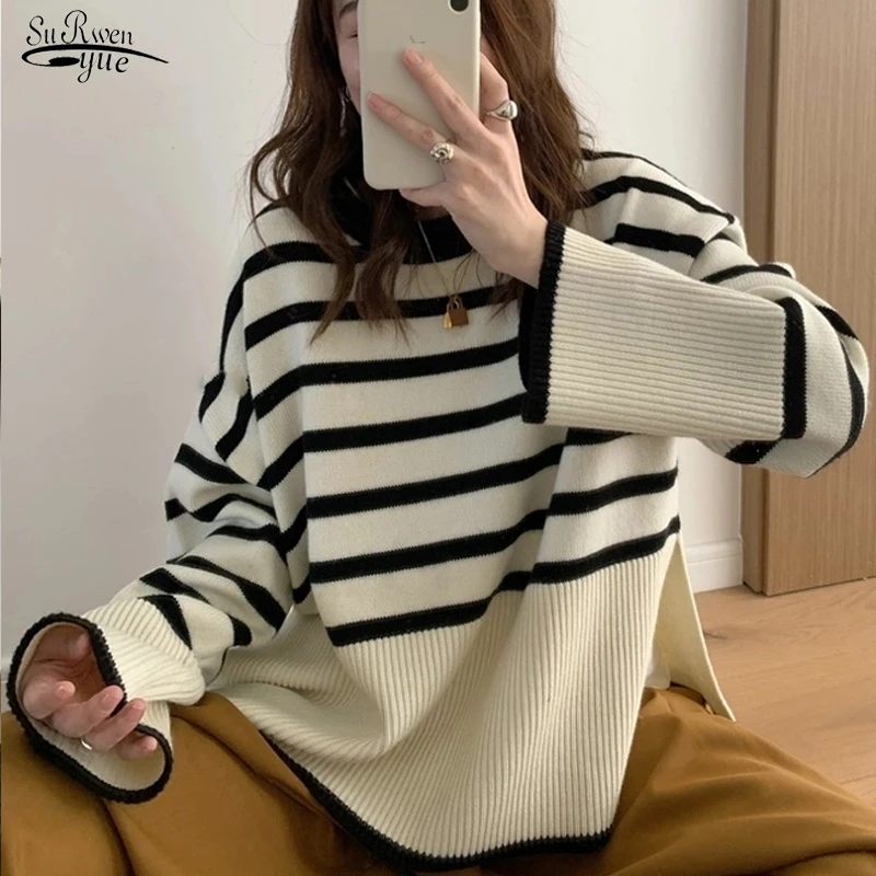 

Elegant Pullover Knitwear Soft Jumper Autumn Oversized Sweater Knitted O Neck Casual Striped Sweater Women Tops Pull Femme 17722