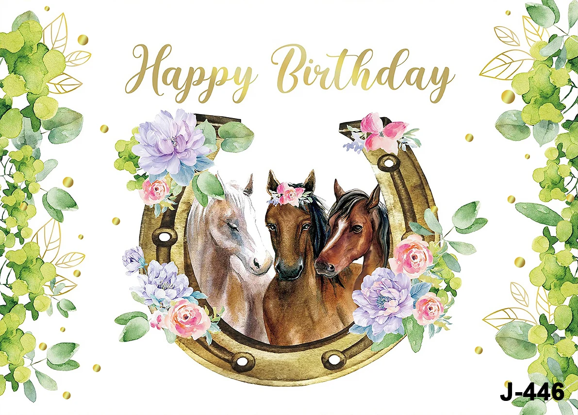 Horse Theme Photography Backdrop Girls Birthday Party Watercolor Flowers Point Background Photo Studio Decor Banner Prop enlarge