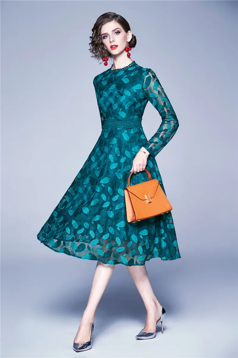 

Elegant Designer Women Dress Sexy Slim Ladies Crochet Hollow Patchwork Lace Dress Female Green Office Party Robe Dresses Vestido