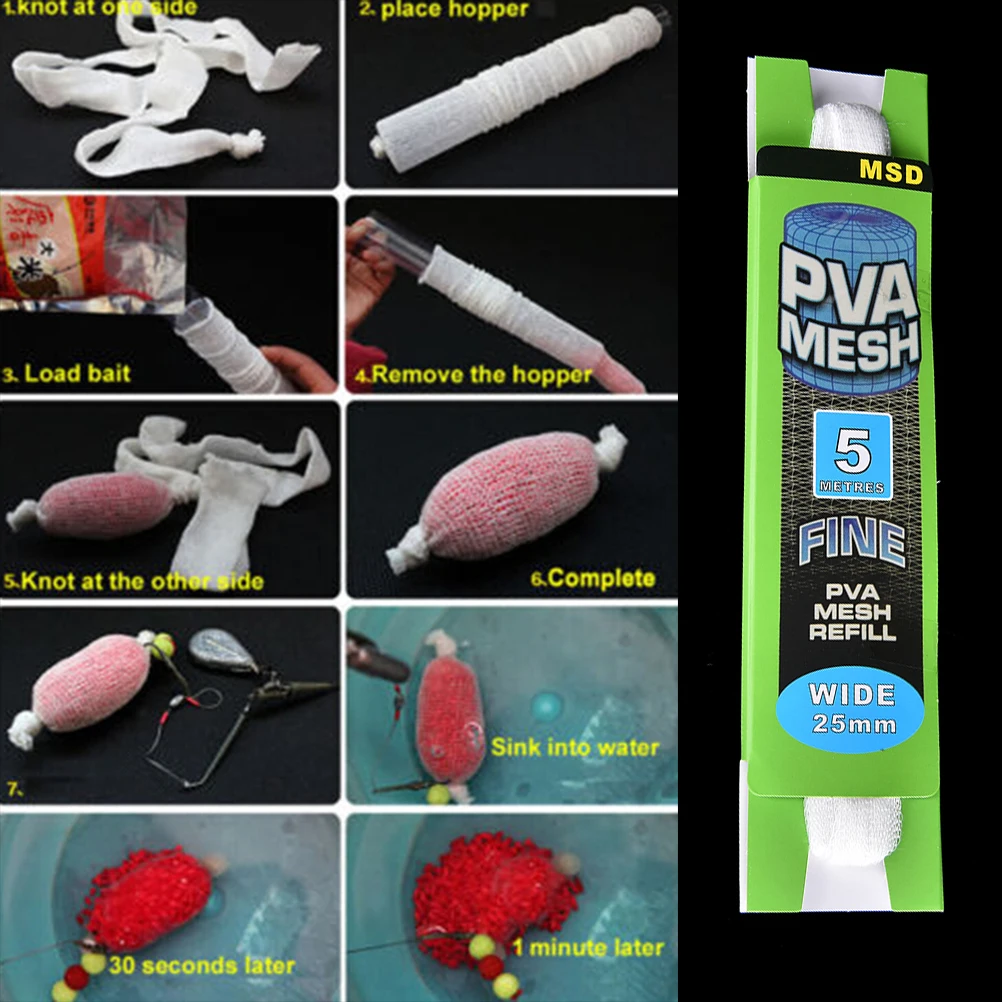 5M PVA Soluble Mesh Refill Carp Fishing Feeder Lures Hair Rig Hook Bait 25mm Bag Accessories | Спорт и развлечения