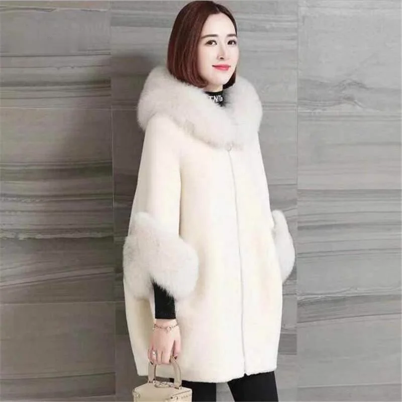 

Female Mid-length Imitate Fox Fur Collar Hooded Imitate Sheep Shearing Women Coat New Winter Clothing Imitate Fur Coat