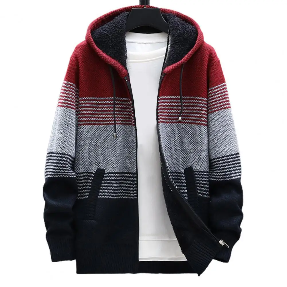

Men Knitted Coat 2021 Color Block Hooded Autumn Winter Thicken Plush Warm Cardigan Sweater for Daily Wear for Vacation