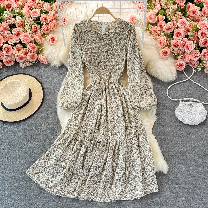 

Корейская версия закрывающее талию тонкое шифоновое платье с круглым вырезом Новинка осеннее мягкое женское длинное свободное платье с цв...