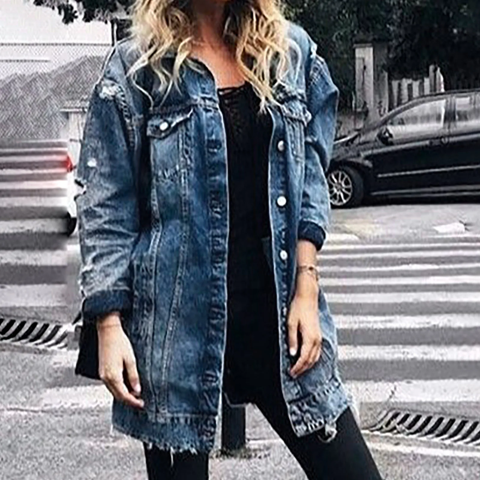 

Women Denim Coat Mid Length Casual Handsome Denim Trench Coat With Ripped Pockets Jaqueta Jeans Feminina Veste Femme