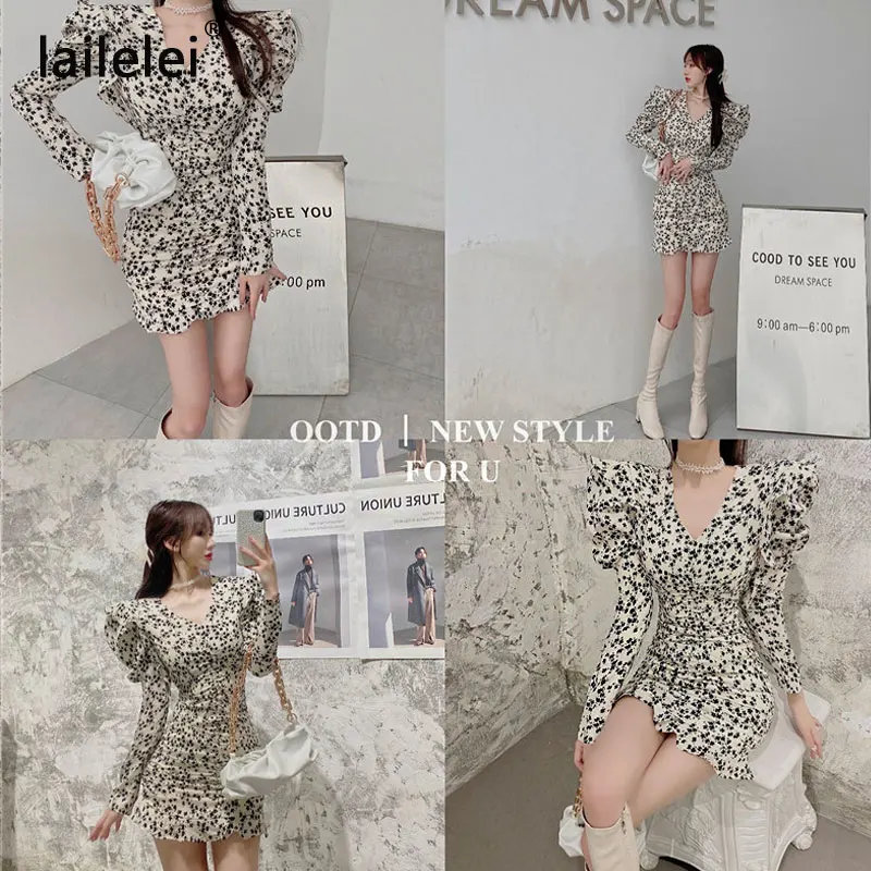 

Vintage Floral Pleated Ruffled V-neck Dress Women Puff Long Slveen Korean Chic Sexy Lady bodycon Vestidos Cortos Spring 2021 New