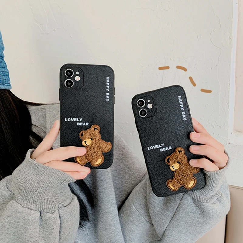 Чехол для iPhone 11 12 Pro Mini роскошный 3D плюшевый медведь полная защита мягкий чехол X XR