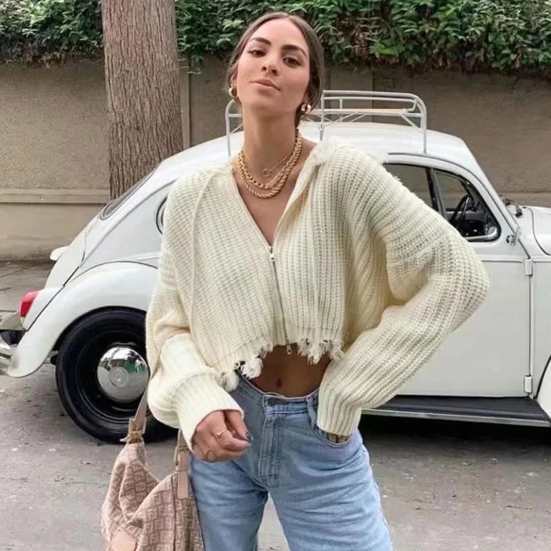 

Женский Осенний трикотажный кардиган с капюшоном и V-образным вырезом