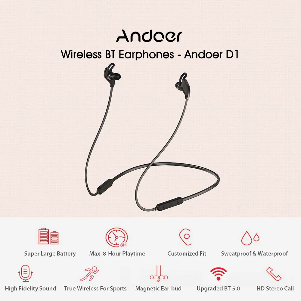 Беспроводная Bluetooth гарнитура Andoer D1 8 часов воспроизведения стереонаушники с