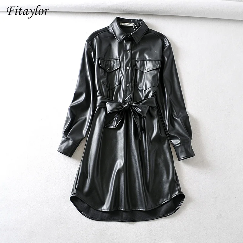 Женское винтажное платье ftaylor Черное короткое из искусственной кожи с отложным