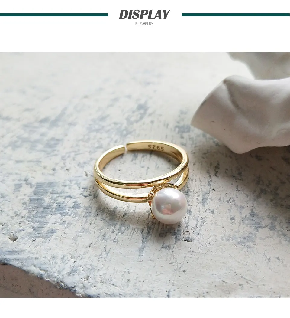 E Jewelry, 925, серебряное, элегантное, золотое, двойное кольцо для женщин, круглый жемчуг, позолота, для женщин, вечерние, элегантные кольца, ювелирное изделие