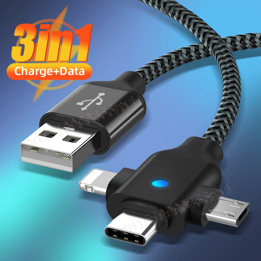 Зарядный кабель 3-в-1 со светодиодной подсветкой USB Type-C для iPhone 14 13 12 2.4A 3 в 1 Micro