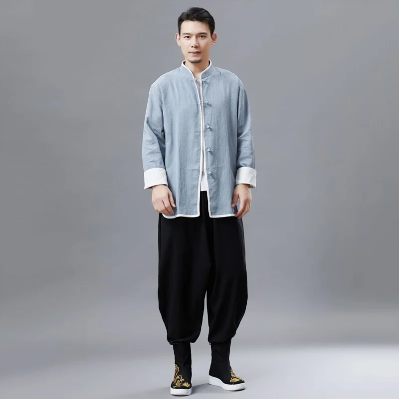 

Mandarin Collar Tradtional Chinese Clothing For Men Jacket Kung Fu Tops Retro Blouse Chinese Shirt Style Tai Chi Uniform KK3250