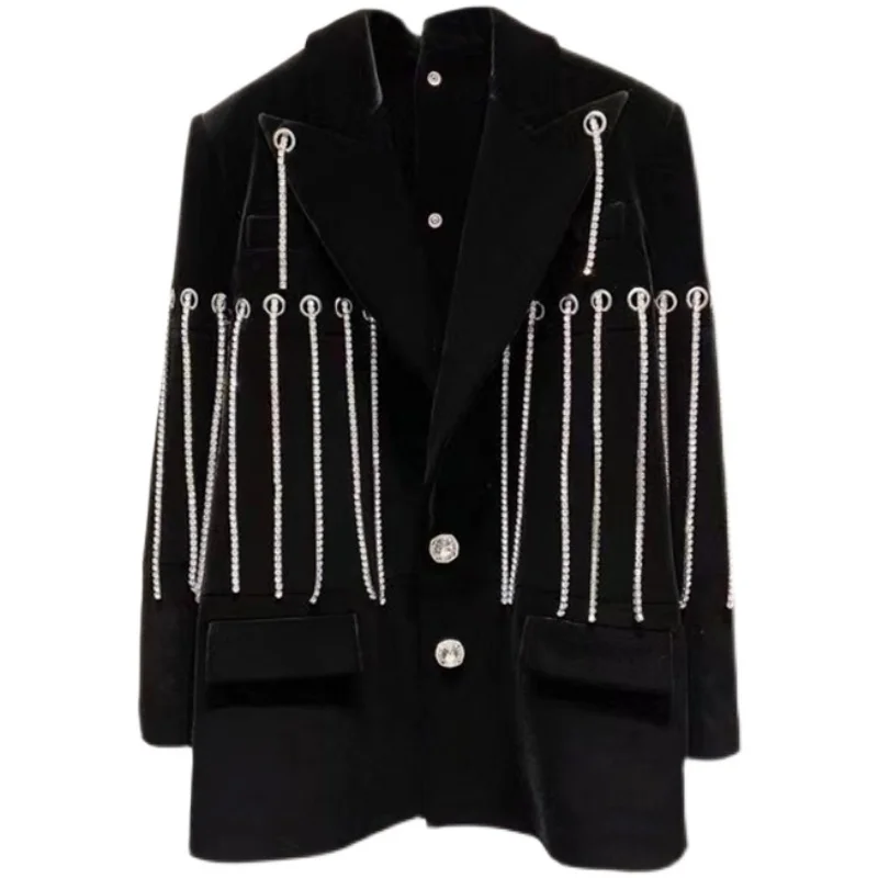 

Fashion Suit Coats Diamonds Chains Blazers Women Brand Designer Autumn Winter Clothes Crystals Buckle Black Blazers Female