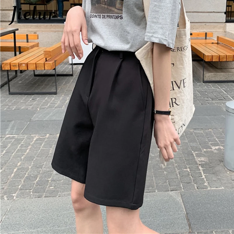 

Jielur Knee Length Women's Shorts Fashion Casual Hot Cool High Waist Shorts Loose Pockets Suits Shorts Solid Color Femme Summer