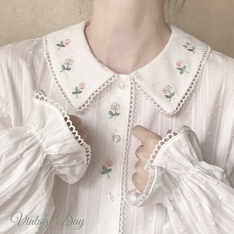 

Cotton Shirt for Sweet Girl Peter Pan Collar Floral Rose Embroidery Lace Trim Neck Cute Tops Kawaii Clothes