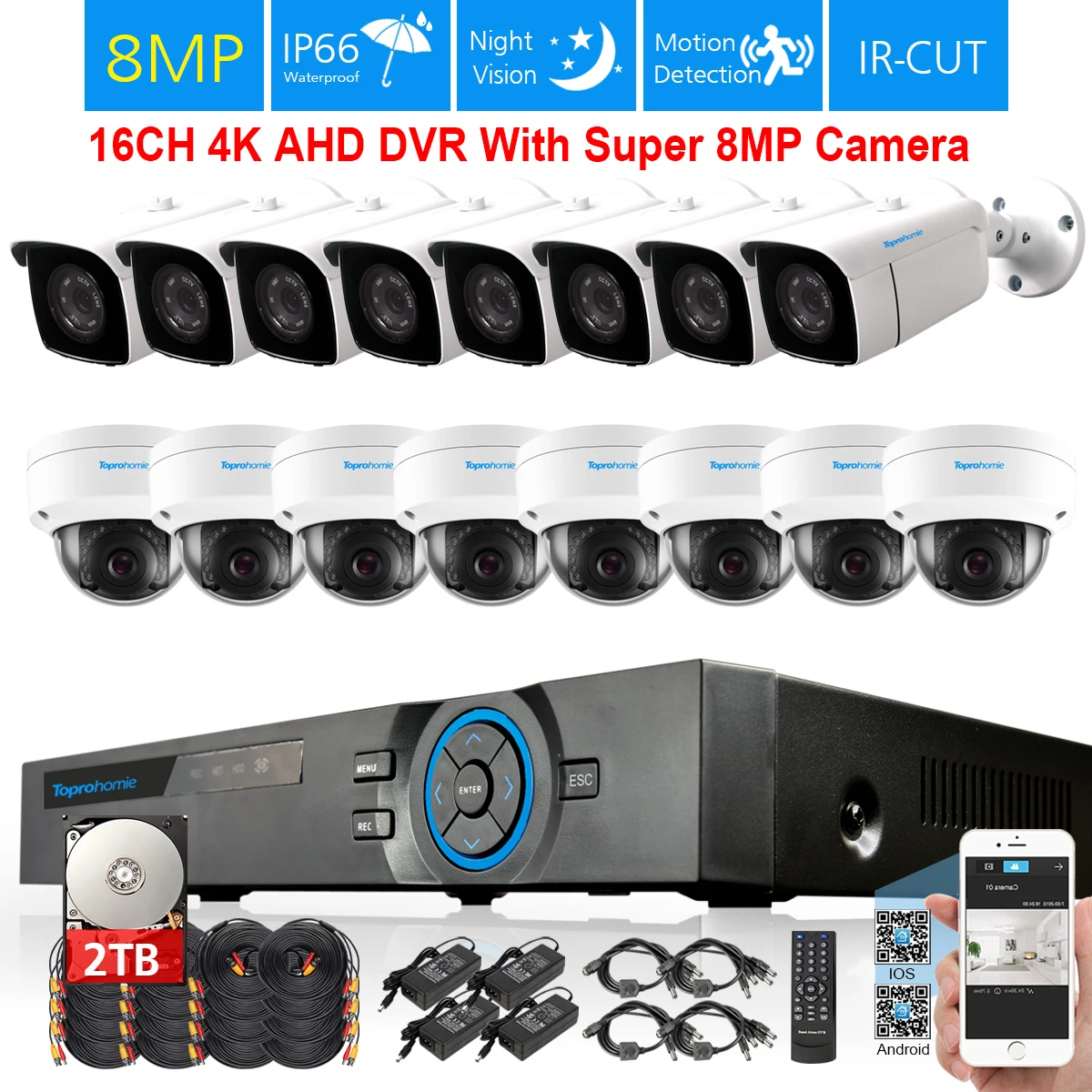 TOPROHOIME h.265 + 16CH 4K Ultra HD 8MP система безопасности 1/3 ''Sony CCD Антивандальная камера