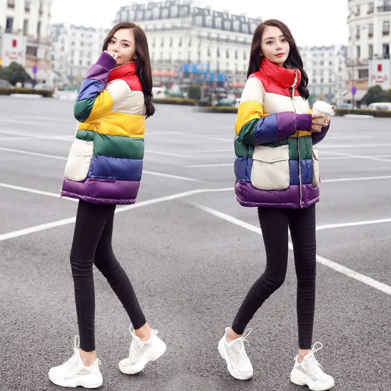 

2021 New Winter Casual Stand Collar Thicken Cotton Jacket Women Rainbow Striped Parka Female Loose Padded Coat Q966