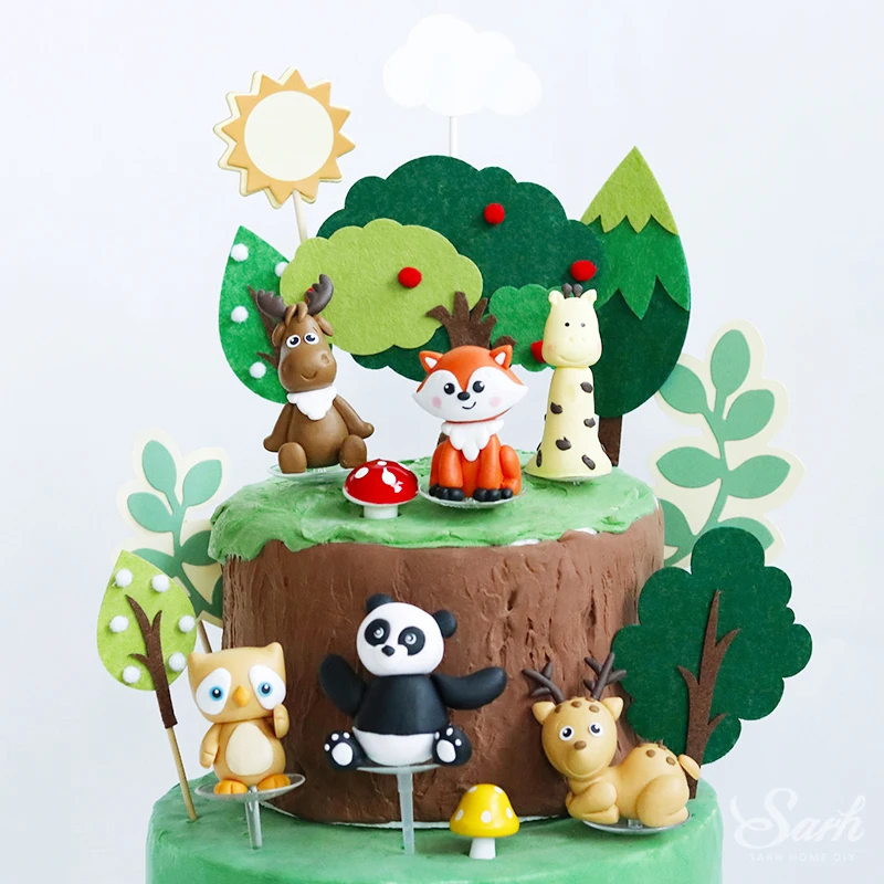 Сика олень лиса панда с днем рождения украшение зеленые войлочные елки торт