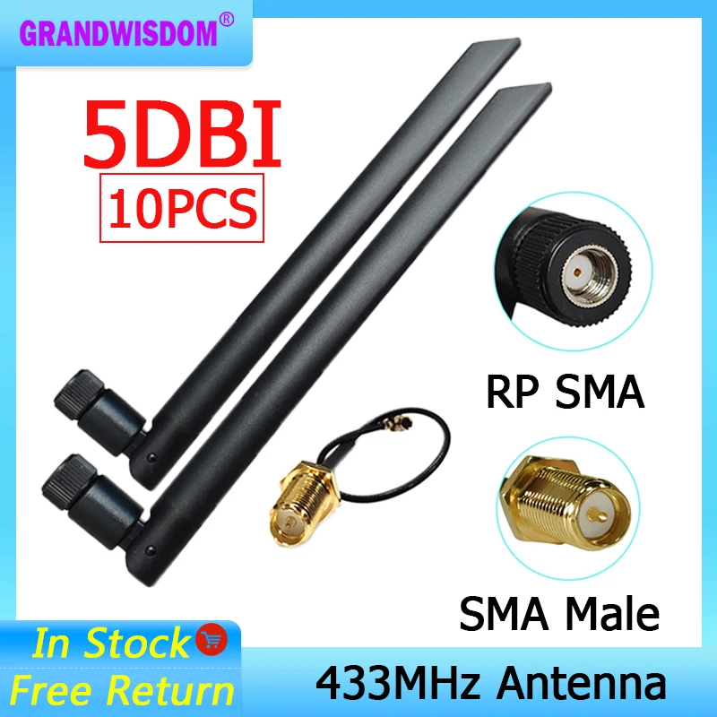 

GRANDWISDOM 10 шт. 433 МГц Антенна 5dbi sma разъем lora модуль lorawan антенна ipex 1 SMA Штекерный Удлинительный кабель