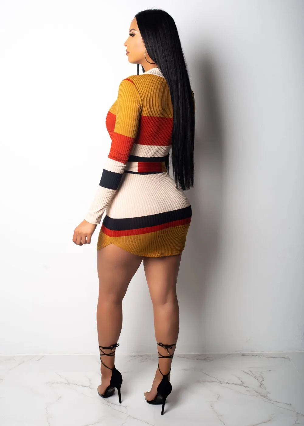 В полоску С поясом Сезон осень зима женское вязаное платье с длинными рукавами