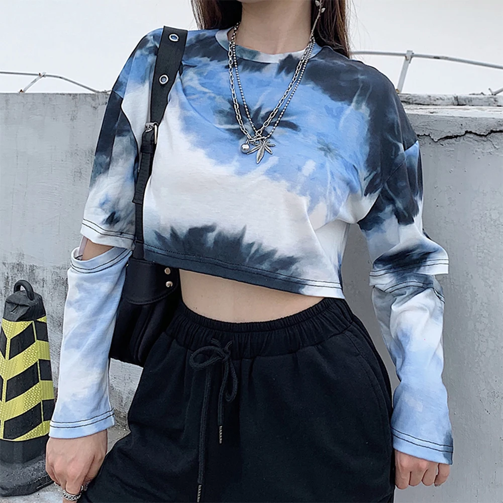 

Женская футболка с принтом тай-дай E, готический топ с длинными рукавами и вырезами, Y2k, эстетический Топ для вечеринок, Повседневная Уличная ...