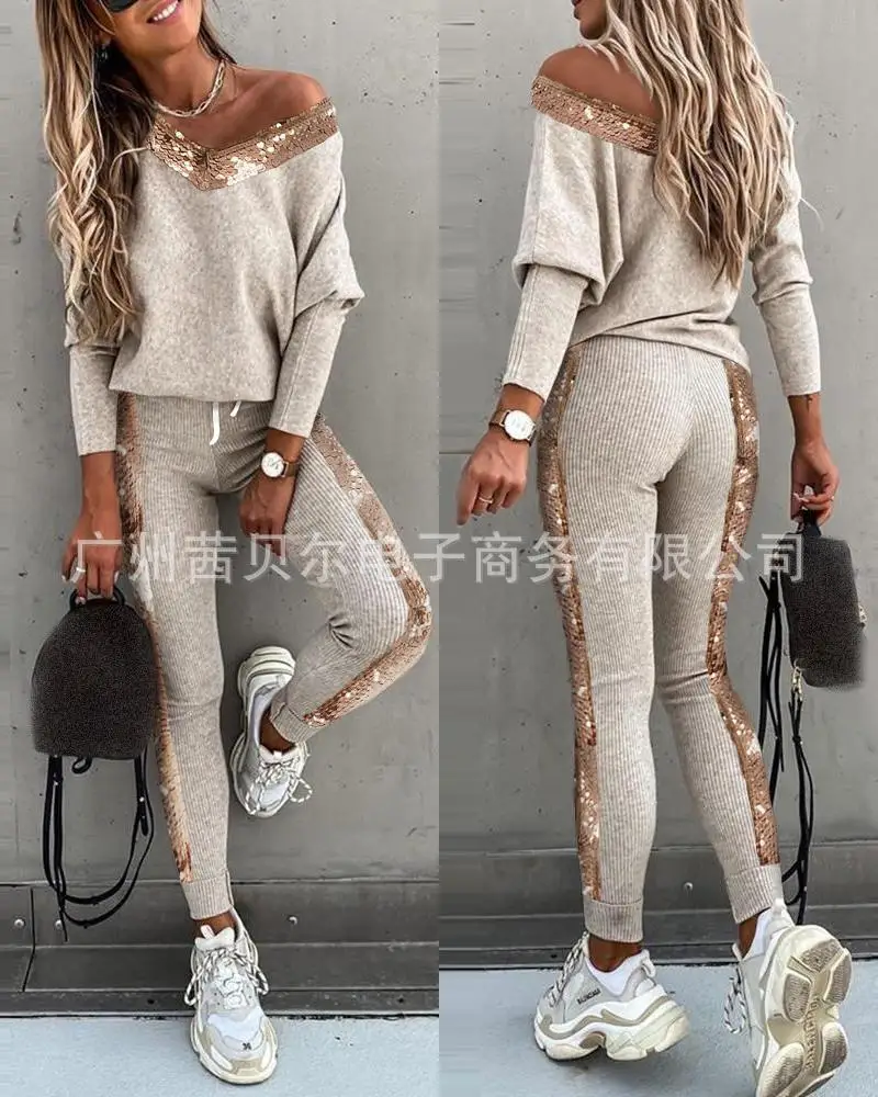

WEPBEL 2pcs Women Fulll Sleeve Print Top + Ankle Length Pants Suit Clothes Set Clothing Suit New Beige Casual