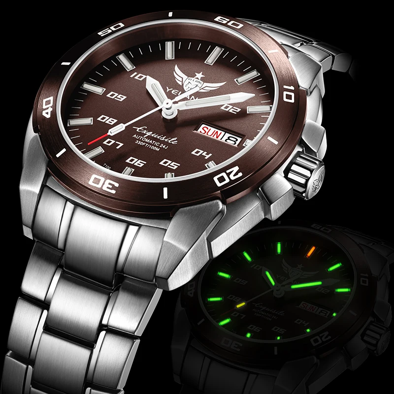 steel coffee dial p2 Мужские часы T100 Тритий, часы мужские Yelang автоматические meachnical H3 наручные водонепроницаемые мужские спортивные наручные часы relogio masculino V1020 - Цвет: steel coffee dial p2