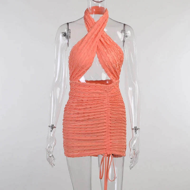 

ONEINALL Black Sexy Dress For Women Halter Sleeveless High Waist Mini Hollow Out Solid Dresses Female Summer Clothing 2021 Style