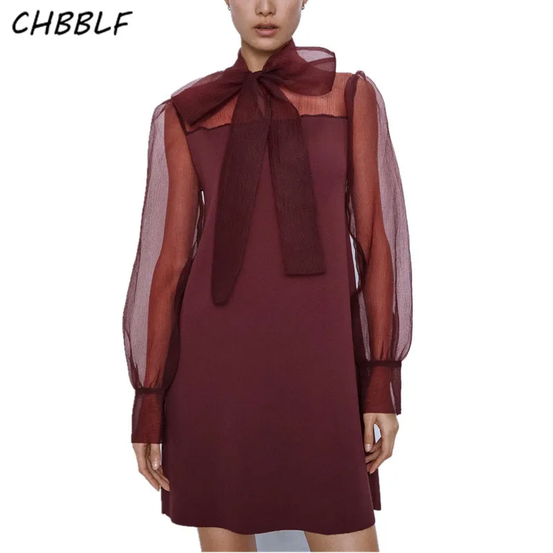 

CHBBLF women stylish retro mini dress bow tie organza lantern long sleeve patchwork short dress female elegant vestidos BGB9741