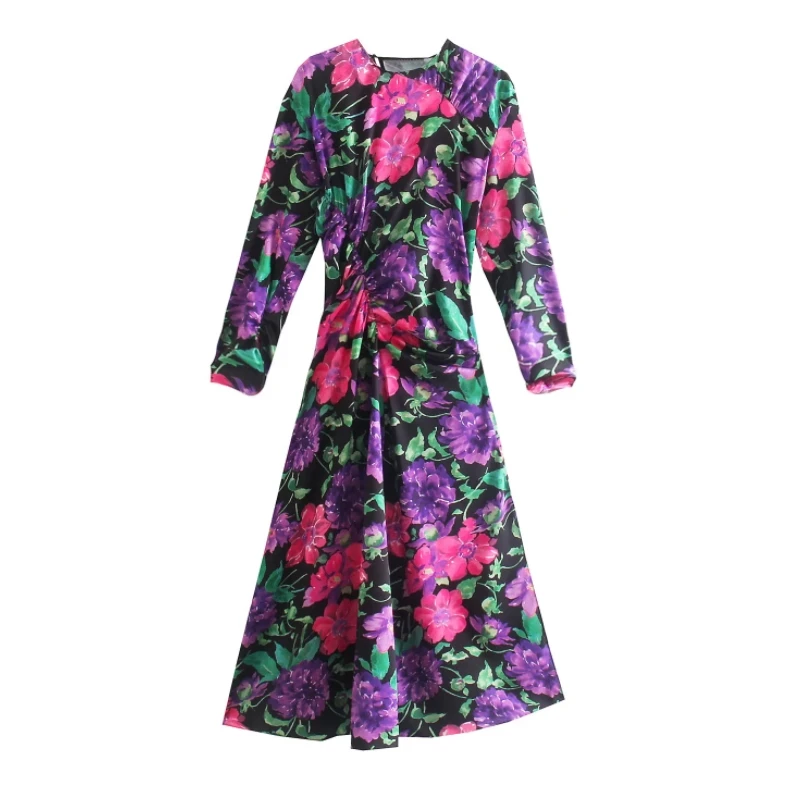 

Женское платье-миди с цветочным принтом, длинным рукавом и открытой спиной