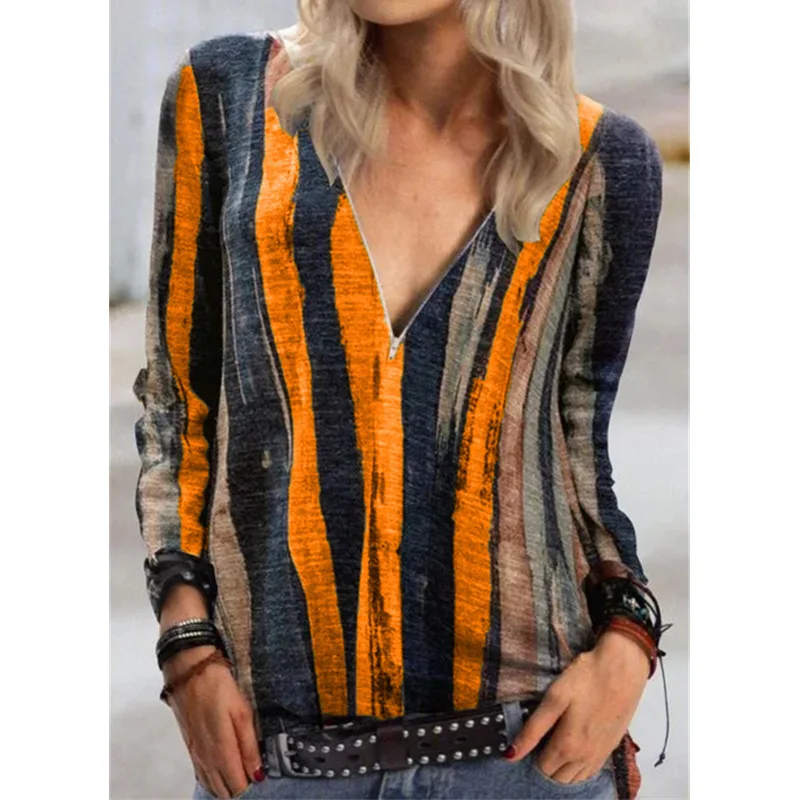 

2021 Casual Women Blouse Tee Tie-Dye Stripe Printing Zipper V Neck Long-Sleeved t-Shirts Summer Loose Tops Pullovers