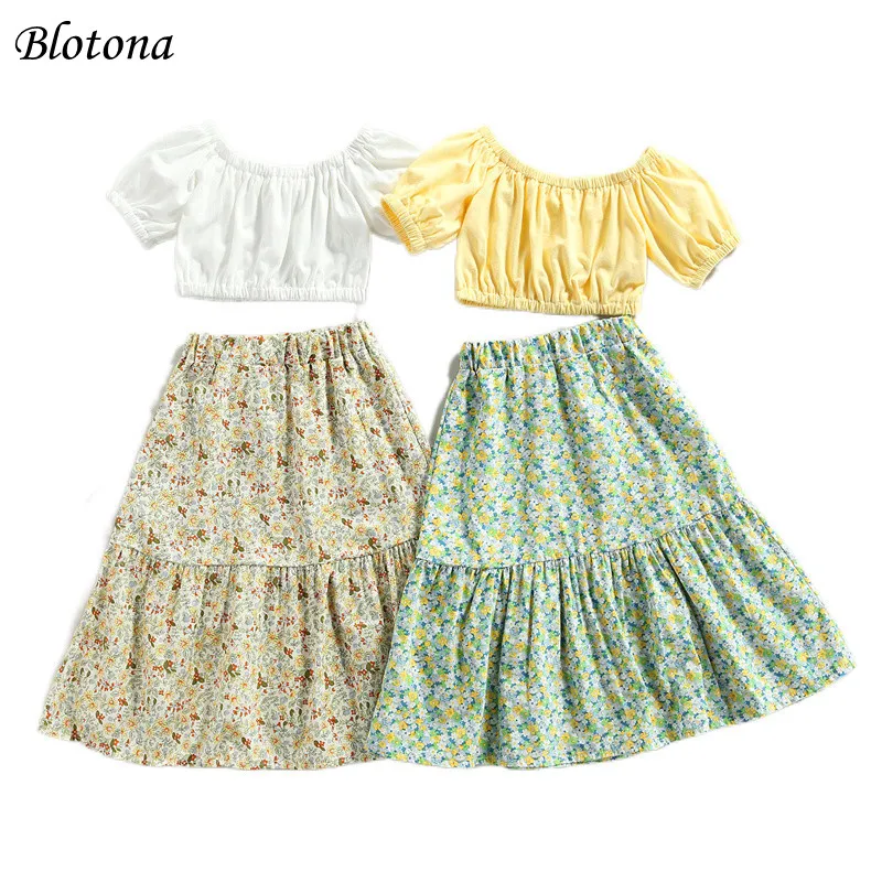 

Повседневный костюм для девочек Blotona, комплект из 2 предметов, летний однотонный кроп-топ с круглым вырезом и коротким рукавом + длинная юбка ...