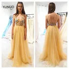 YUNUO, ТРАПЕЦИЕВИДНОЕ желтое Тюлевое вечернее платье для выпускного вечера, длинные тонкие бретельки, женское блестящее платье