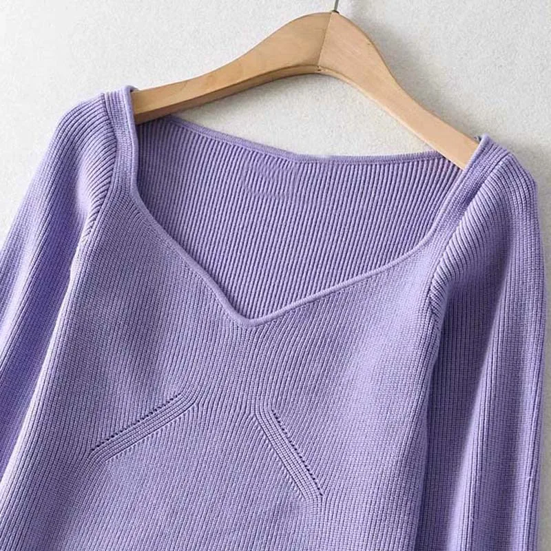 Модный женский винтажный однотонный эластичный вязаный свитер ZRN 2020 укороченный