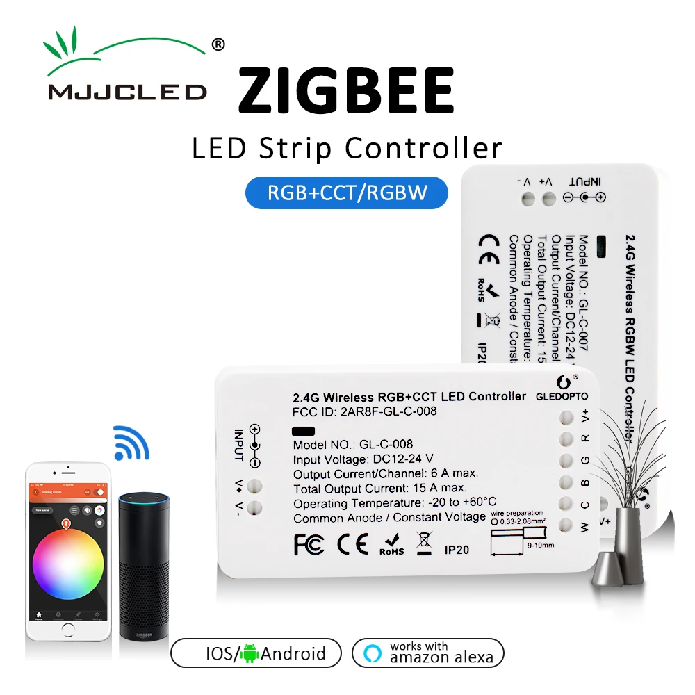 

Gledopto DC 12V 24V RGBCCT RGBW Zigbee Smart LED Strip Controller Voice Control Work with Echo Plus SmartThings Zigbee 3.0 HUB