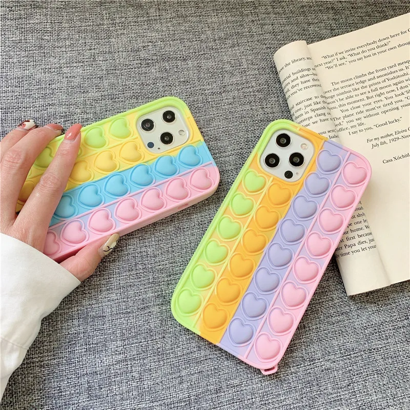 

love heart Fidget Reliver Stress Toys Push Pop Bubble Protecive Phone Cases for iPhone 8 7 6 6S Plus X XR 11 pro XS MAX 12 mini