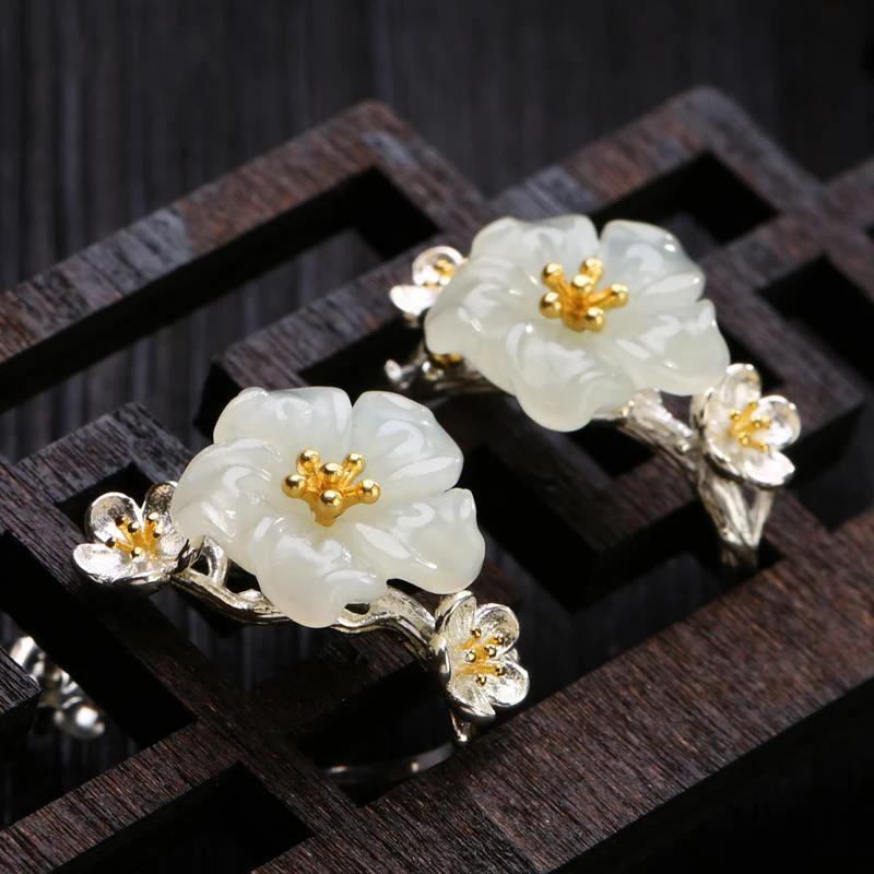 

natural Hetian white Chalcedony cherry blossom earrings Chinese style retro palace niche design charm women's brand jewelry