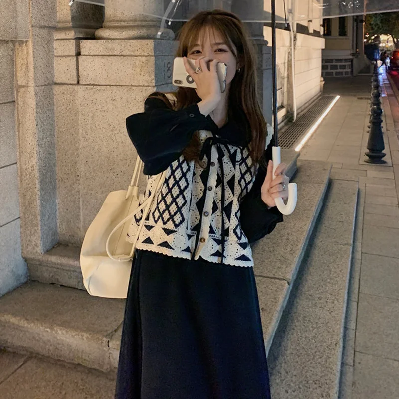 

Women's Autumn Dresses 2021 New Foreign Style Hook Flower Vest Dress Two-piece Set