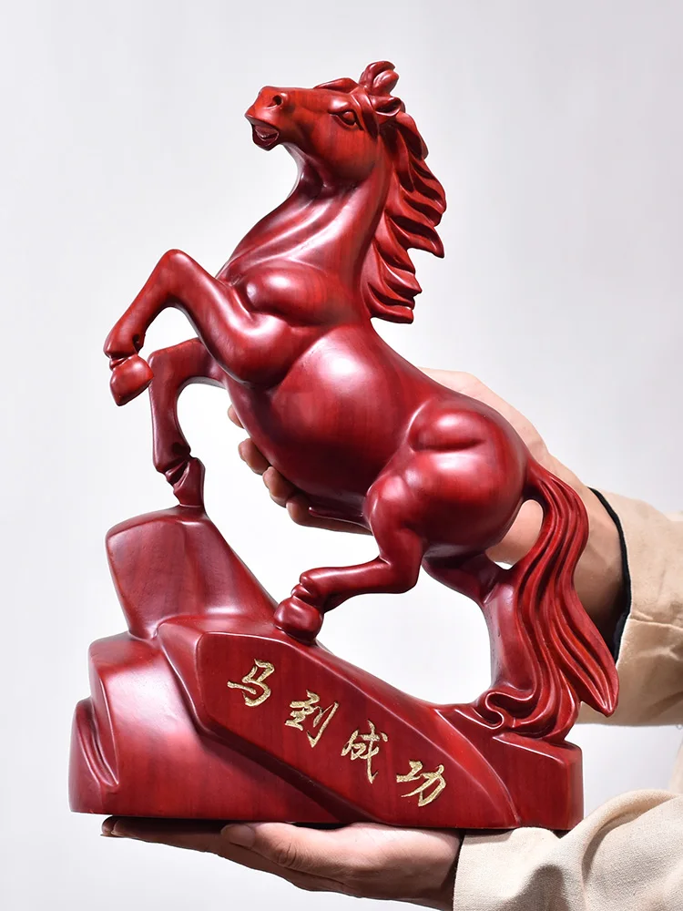 

38CM Large-GOOD- 2021 HOME office Spiritual efficacious Mascot # Success horse Handmade Red sandalwood carving FENG SHUI statue
